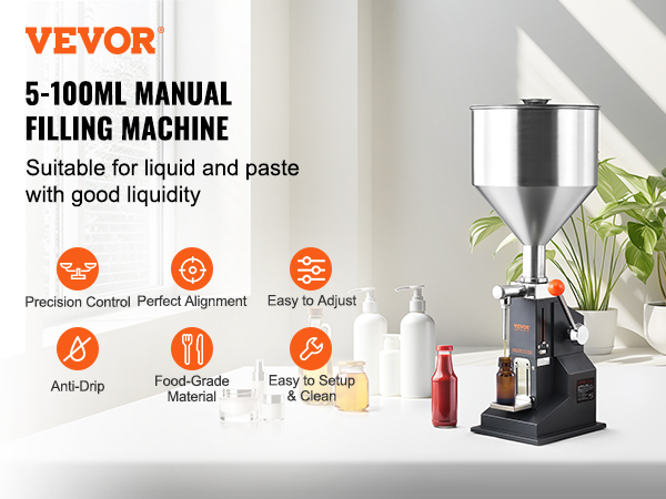 VEVOR liquid filling machine for 5-100ml, suitable for liquid and paste, positioned on a clean counter.