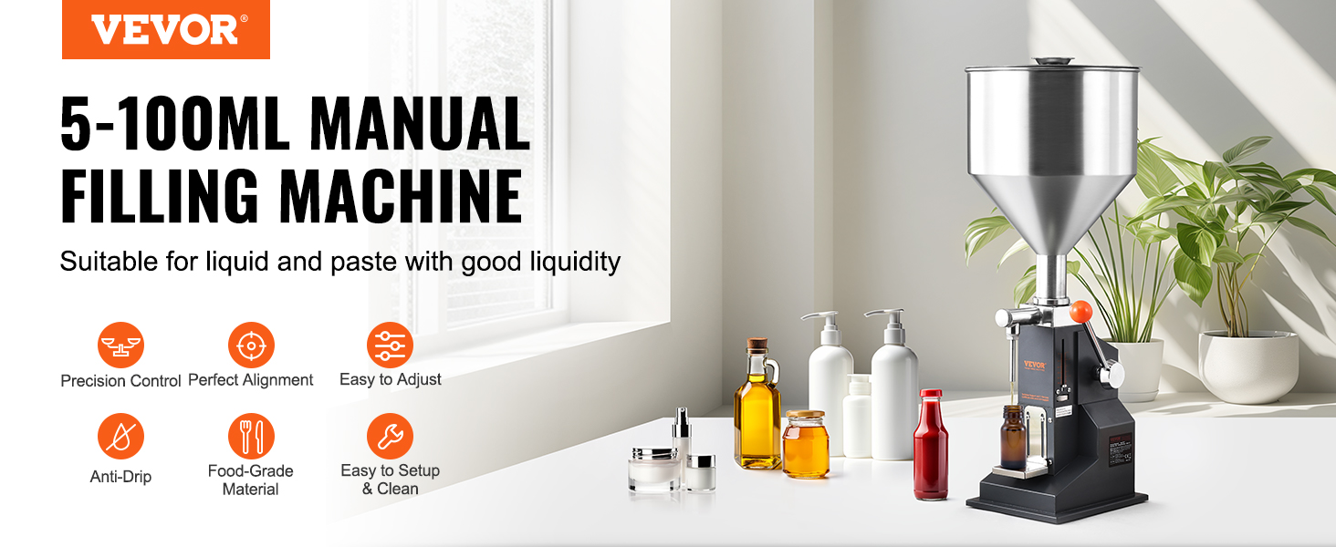 VEVOR liquid filling machine for 5-100ml, suitable for liquid and paste, positioned on a clean counter.