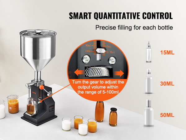 VEVOR liquid filling machine for precise 5-100ml control, with 15ml, 30ml, and 50ml bottle options.