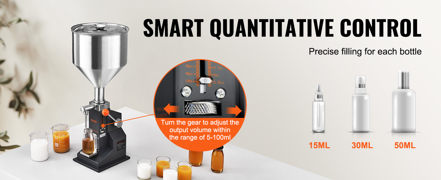 VEVOR liquid filling machine for precise 5-100ml control, with 15ml, 30ml, and 50ml bottle options.
