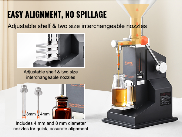 VEVOR liquid filling machine with adjustable shelf and two interchangeable nozzles for precise alignment.