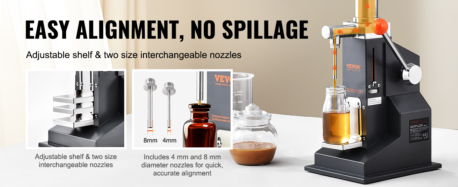 VEVOR liquid filling machine with adjustable shelf and two interchangeable nozzles for precise alignment.