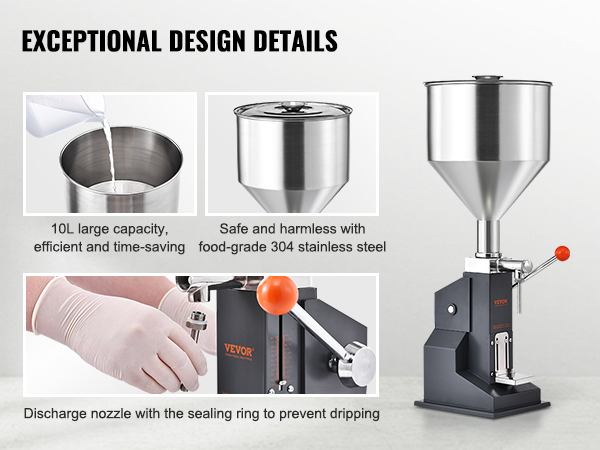 VEVOR liquid filling machine with 10l capacity, stainless steel build, and precise discharge nozzle.