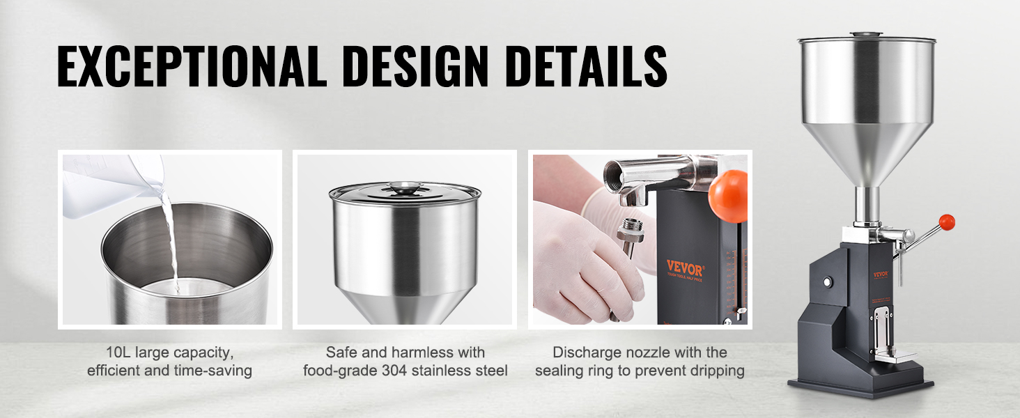 VEVOR liquid filling machine with 10l capacity, stainless steel build, and precise discharge nozzle.