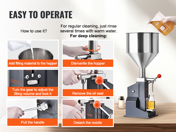 VEVOR liquid filling machine: easy to operate steps for usage and cleaning with visual guides