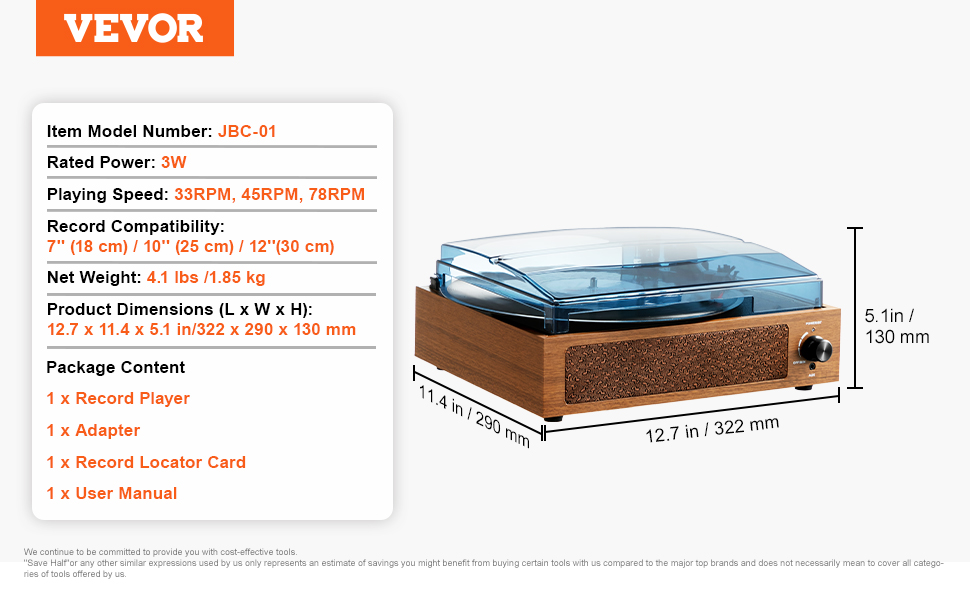 VEVOR vinyl record player, jbc-01 model, with dimensions and accessory details in a simplified layout
