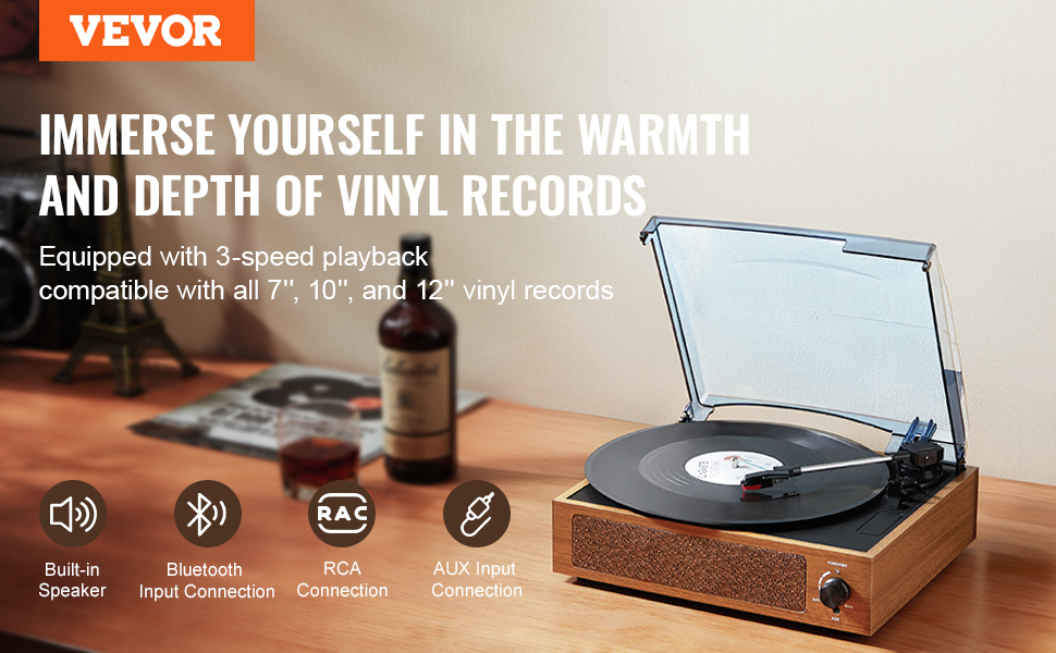 VEVOR vinyl record player with 3-speed playback, built-in speaker, bluetooth, aux, and rca connection.