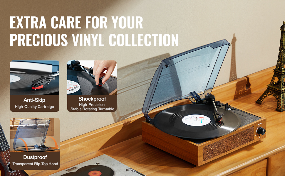 VEVOR vinyl record player with anti-skip cartridge, shockproof turntable, and dustproof flip-top hood.