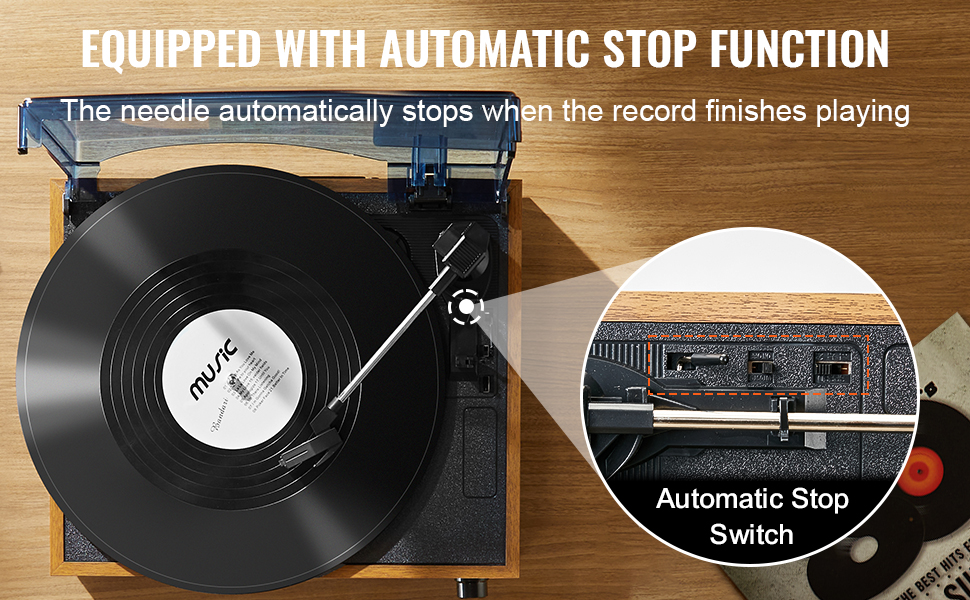 VEVOR vinyl record player with automatic stop function, ensuring the needle halts at the record's end.