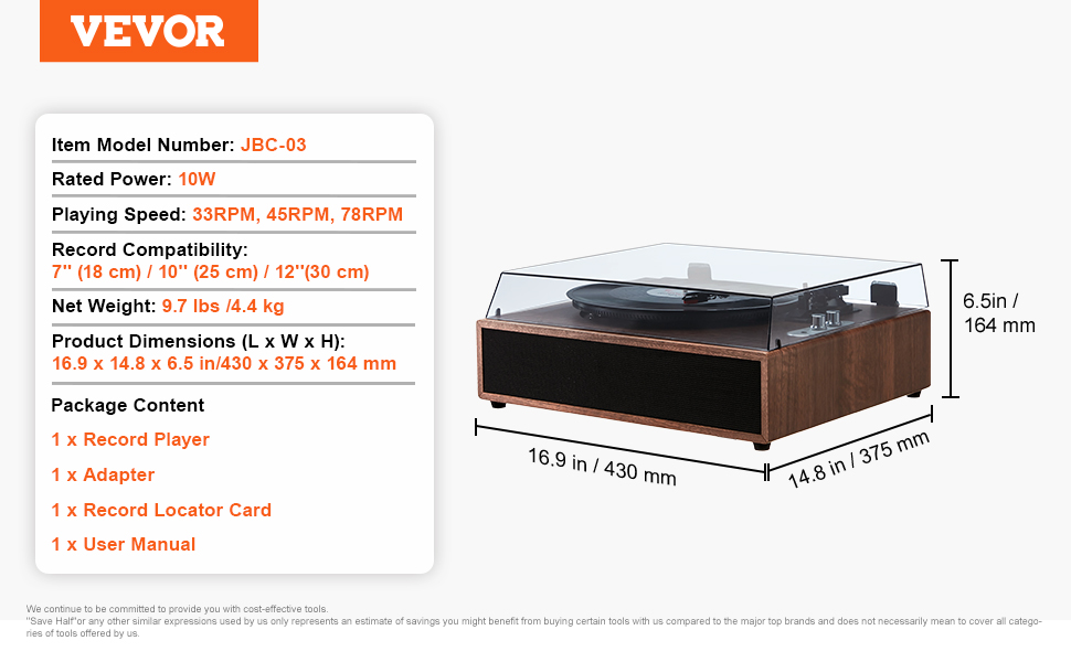 VEVOR vinyl record player jbc-03, 10w power, 33rpm/45rpm/78rpm speeds, 16.9x14.8x6.5 inches dimensions.