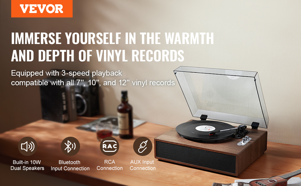 VEVOR vinyl record player with 3-speed playback, built-in speakers, bluetooth, rca, and aux connections.