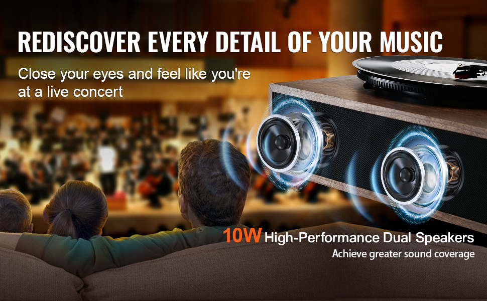 high-performance 10w dual speakers with VEVOR vinyl record player, providing live concert sound experience.