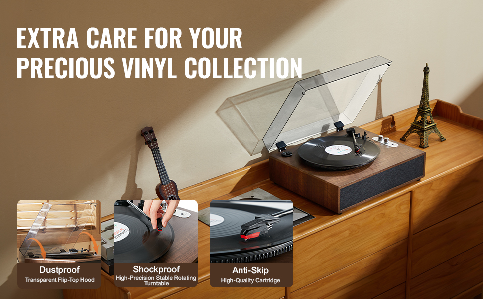VEVOR vinyl record player with dustproof hood, shockproof turntable, and anti-skip cartridge on wood cabinet.