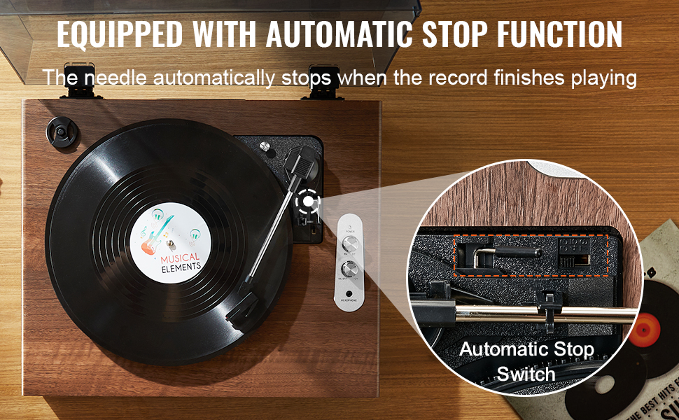 VEVOR vinyl record player with automatic stop function and a highlighted automatic stop switch.