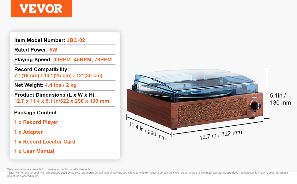 VEVOR vinyl record player with dust cover, model jbc-02, power 5w, dimensions 12.7 x 11.4 x 5.1 in.