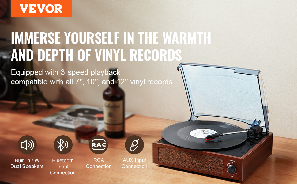 VEVOR vinyl record player with 3-speed playback, built-in speakers, bluetooth, rca, and aux inputs.