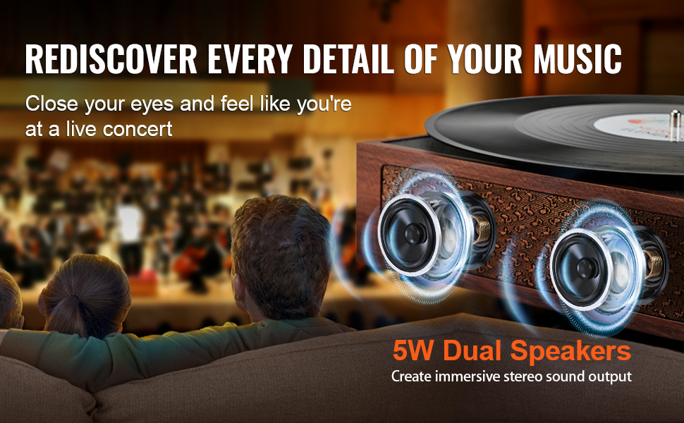 VEVOR vinyl record player with 5w dual speakers for an immersive live concert experience.