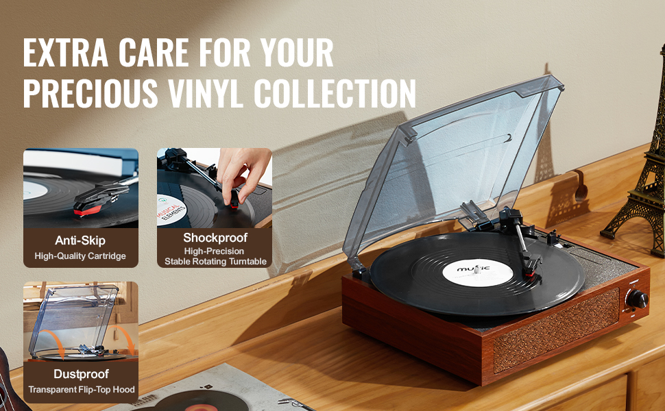 VEVOR vinyl record player with anti-skip cartridge, shockproof turntable, and transparent flip-top hood.