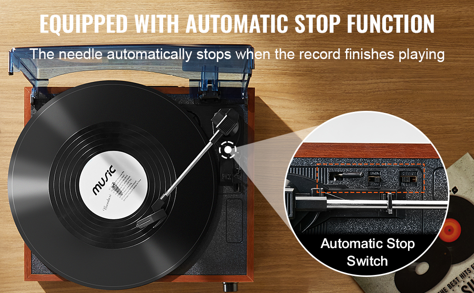 VEVOR vinyl record player with automatic stop function, showcasing a close-up of the automatic stop switch.