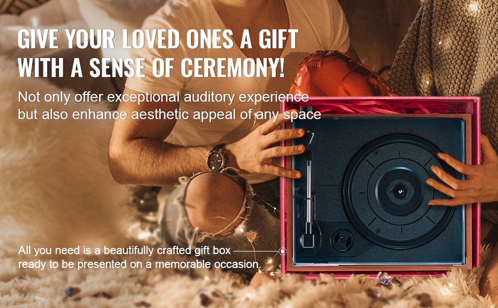 man holding VEVOR vinyl record player gift box with heart-shaped balloon, cozy atmosphere background.
