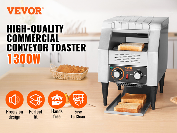 VEVOR commercial conveyor toaster, 1300w, low noise, easy operation, safe and durable, easy to clean.