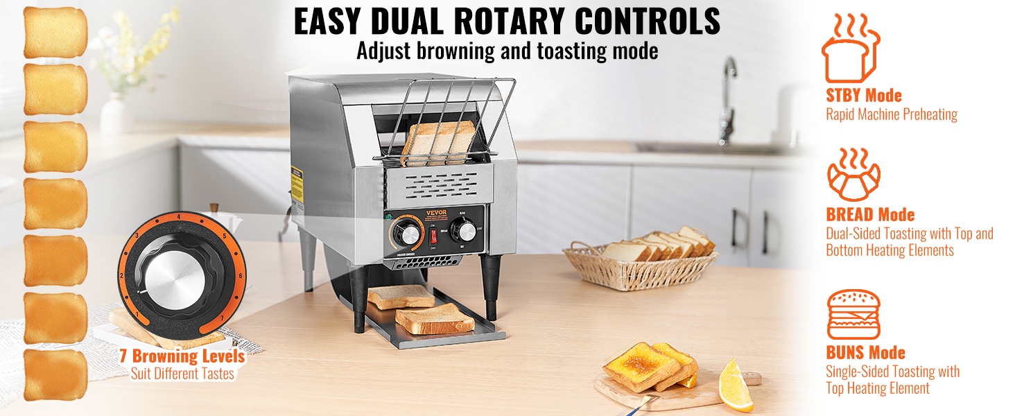 VEVOR commercial conveyor toaster with 7 browning levels and dual rotary controls in a kitchen setting.