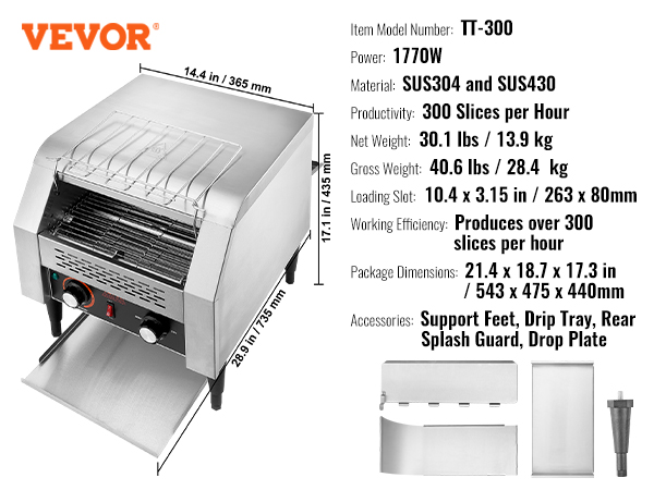 VEVOR commercial conveyor toaster tt-300, 1770w power, 10.4 x 3.15 in slot, 300 slices per hour productivity.