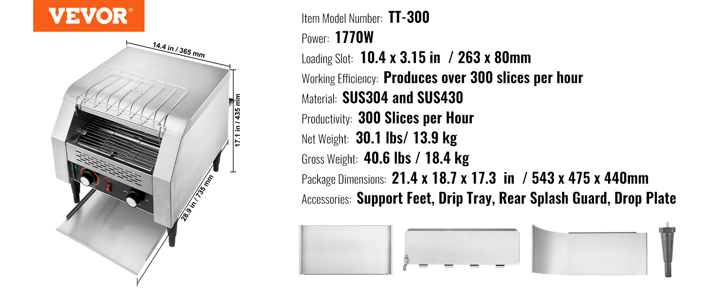 VEVOR commercial conveyor toaster tt-300, 1770w power, 10.4 x 3.15 in slot, 300 slices per hour productivity.