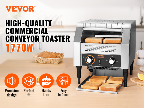 VEVOR commercial conveyor toaster 1770w, low noise, easy operation, safe, durable, and easy to clean.
