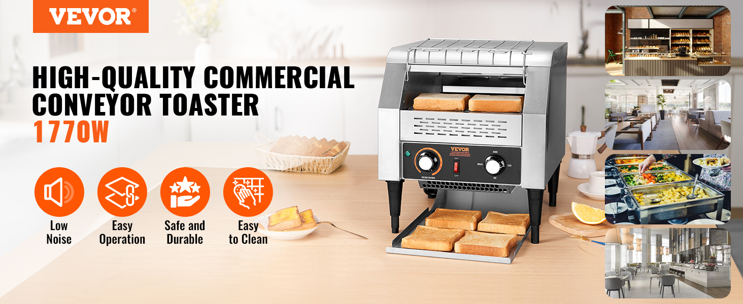 VEVOR commercial conveyor toaster 1770w, low noise, easy operation, safe, durable, and easy to clean.