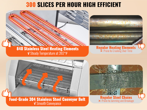 VEVOR commercial conveyor toaster, 300 slices/hour, 840 stainless steel heating, food-grade 304 belt.