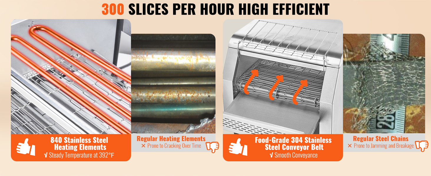 VEVOR commercial conveyor toaster, 300 slices/hour, 840 stainless steel heating, food-grade 304 belt.
