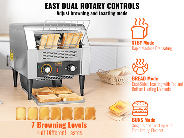 VEVOR commercial conveyor toaster with 7 browning levels, dual rotary controls, and multiple toasting modes.