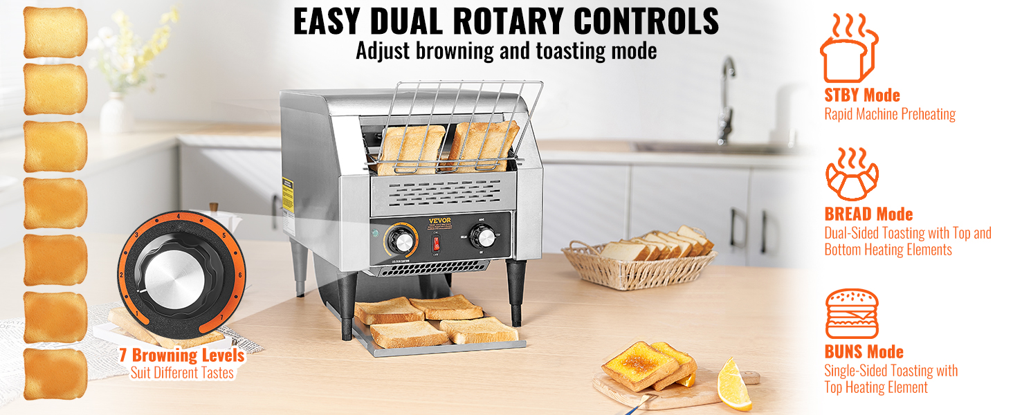VEVOR commercial conveyor toaster with 7 browning levels, dual rotary controls, and multiple toasting modes.