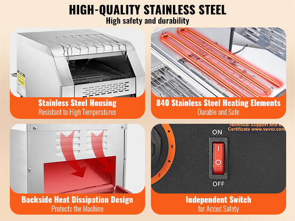 stainless steel VEVOR commercial conveyor toaster with independent switch, backside heat dissipation.