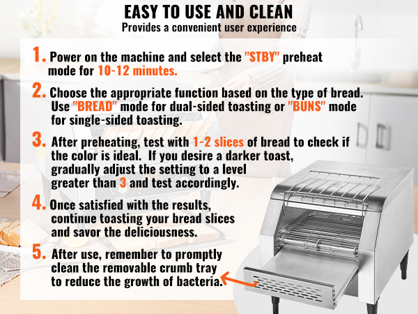 VEVOR commercial conveyor toaster setup and cleaning guide displayed on a white kitchen background.