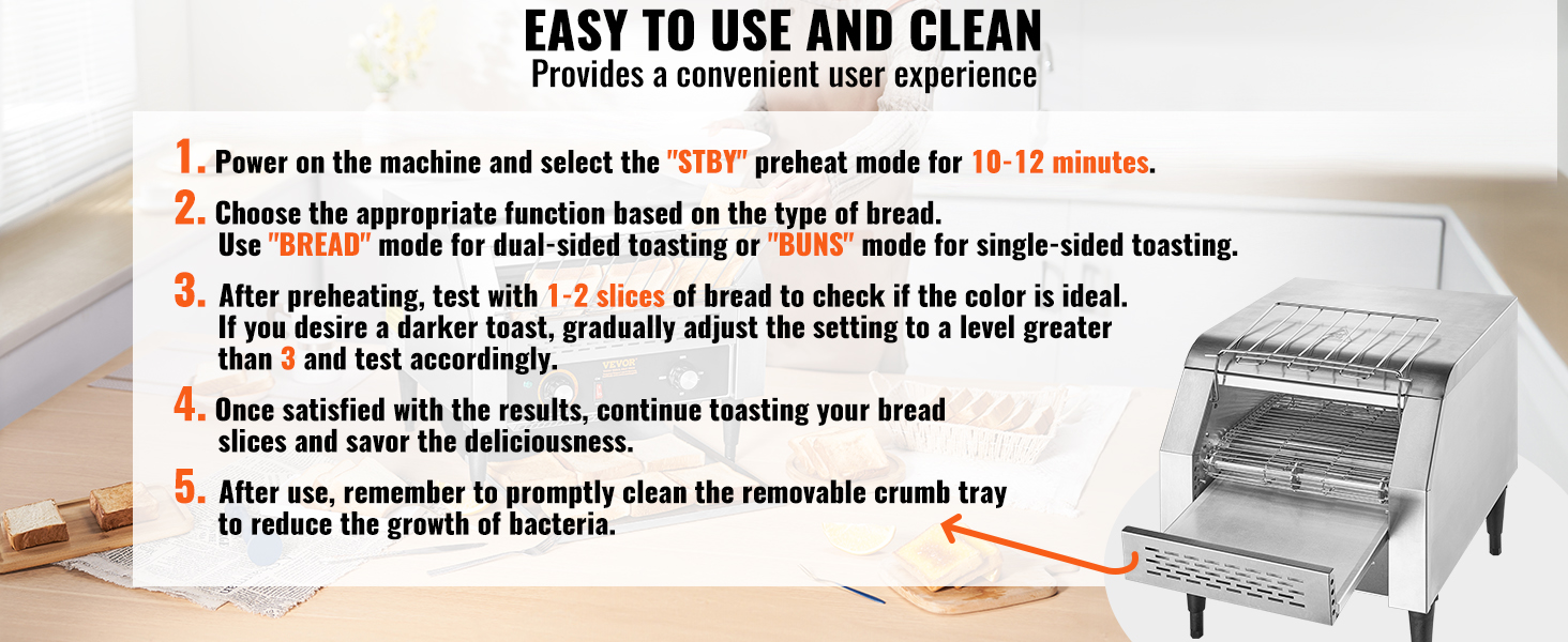 VEVOR commercial conveyor toaster setup and cleaning guide displayed on a white kitchen background.