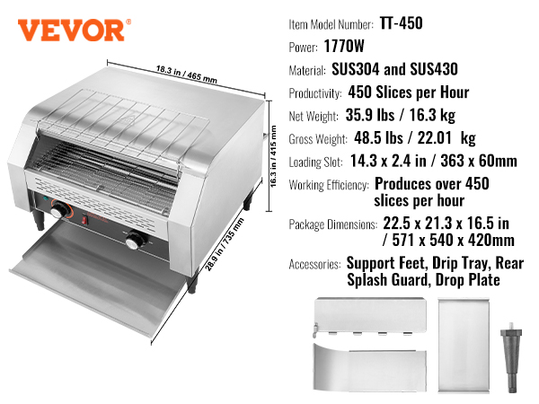VEVOR commercial conveyor toaster tt-450, 1770w, 450 slices/hr, durable sus304 and sus430 steel.