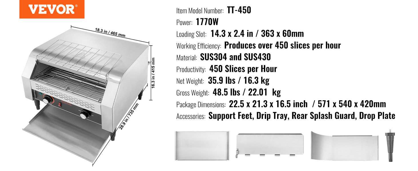 VEVOR commercial conveyor toaster tt-450, 1770w, 450 slices/hr, durable sus304 and sus430 steel.