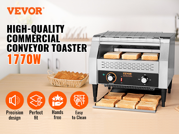 VEVOR commercial conveyor toaster displayed with toasted bread, highlighting features like low noise.