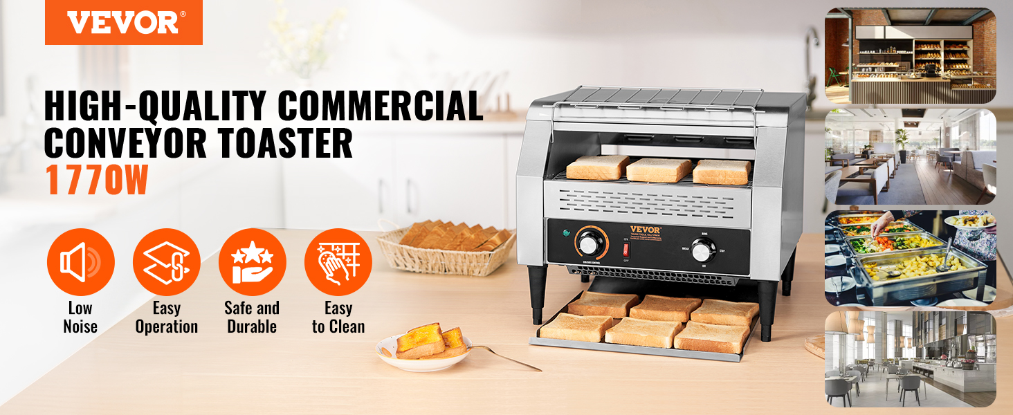 VEVOR commercial conveyor toaster displayed with toasted bread, highlighting features like low noise.