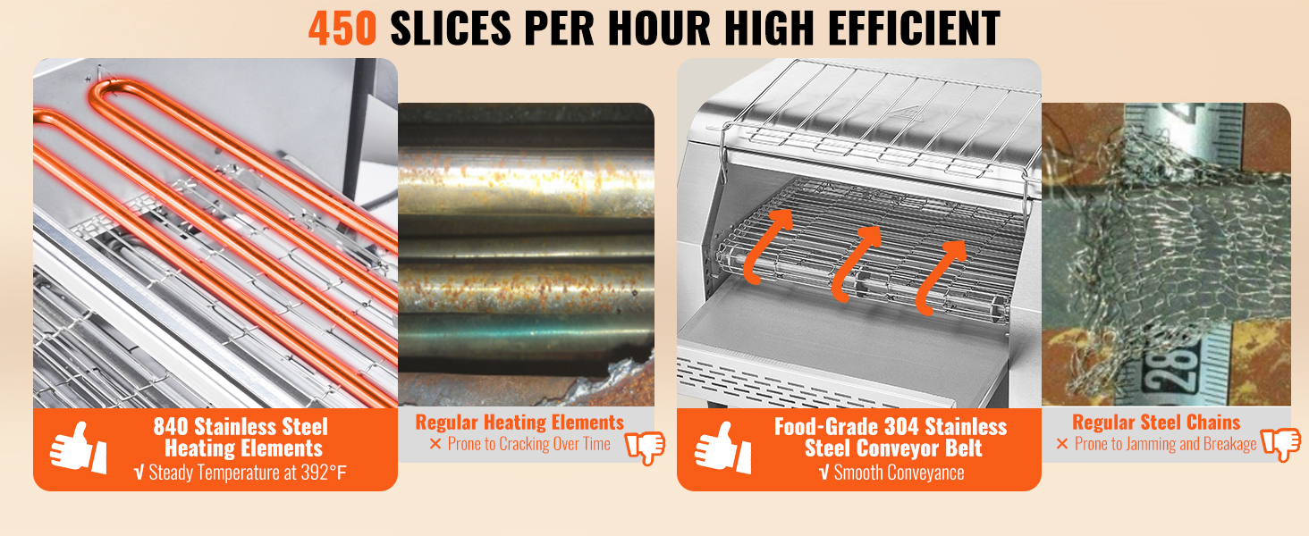 840 stainless steel heating, food-grade 304 stainless steel conveyor belt on VEVOR commercial conveyor toaster.