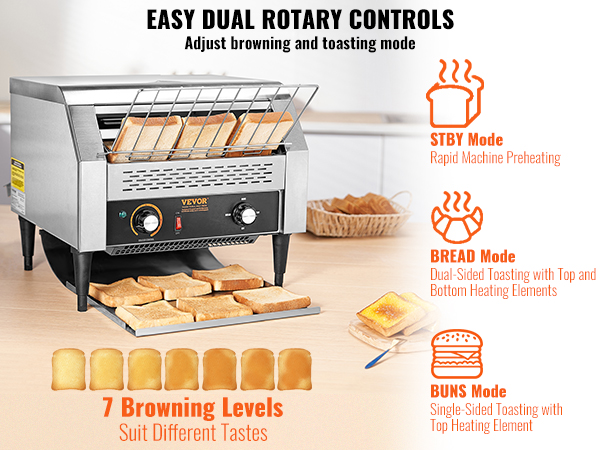 VEVOR commercial conveyor toaster with easy dual rotary controls, 7 browning levels, stby, bread, and buns modes.
