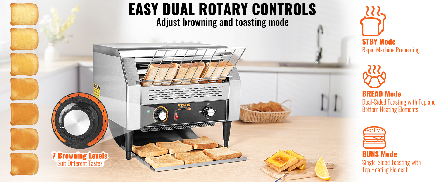 VEVOR commercial conveyor toaster with easy dual rotary controls, 7 browning levels, stby, bread, and buns modes.