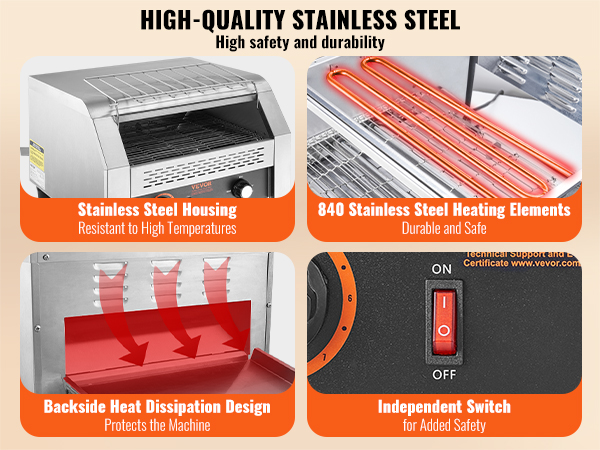high-quality stainless steel VEVOR commercial conveyor toaster with durable heating elements and safety switch.