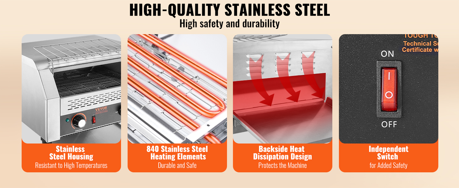 high-quality stainless steel VEVOR commercial conveyor toaster with durable heating elements and safety switch.