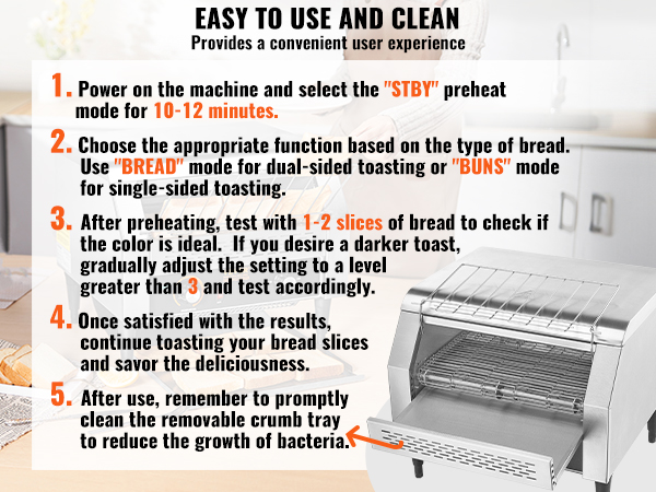 VEVOR commercial conveyor toaster instructions with removable crumb tray for easy cleaning on a kitchen counter.