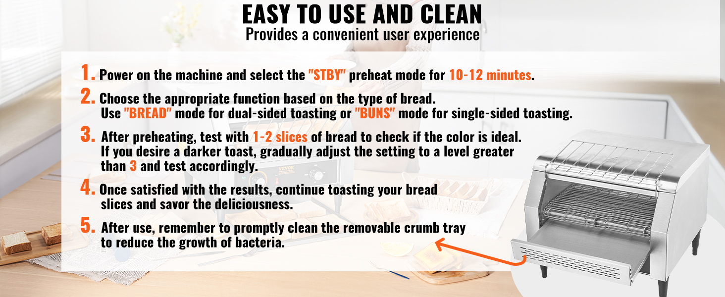 VEVOR commercial conveyor toaster instructions with removable crumb tray for easy cleaning on a kitchen counter.