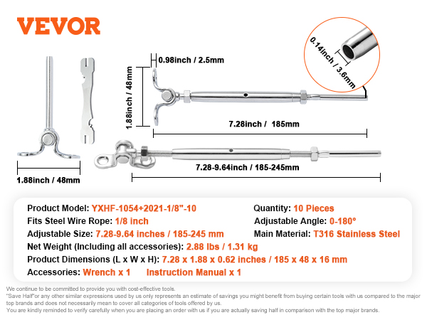 VEVOR stainless steel cable railing kit, t316 stainless steel, adjustable size 7.28-9.64 inches.