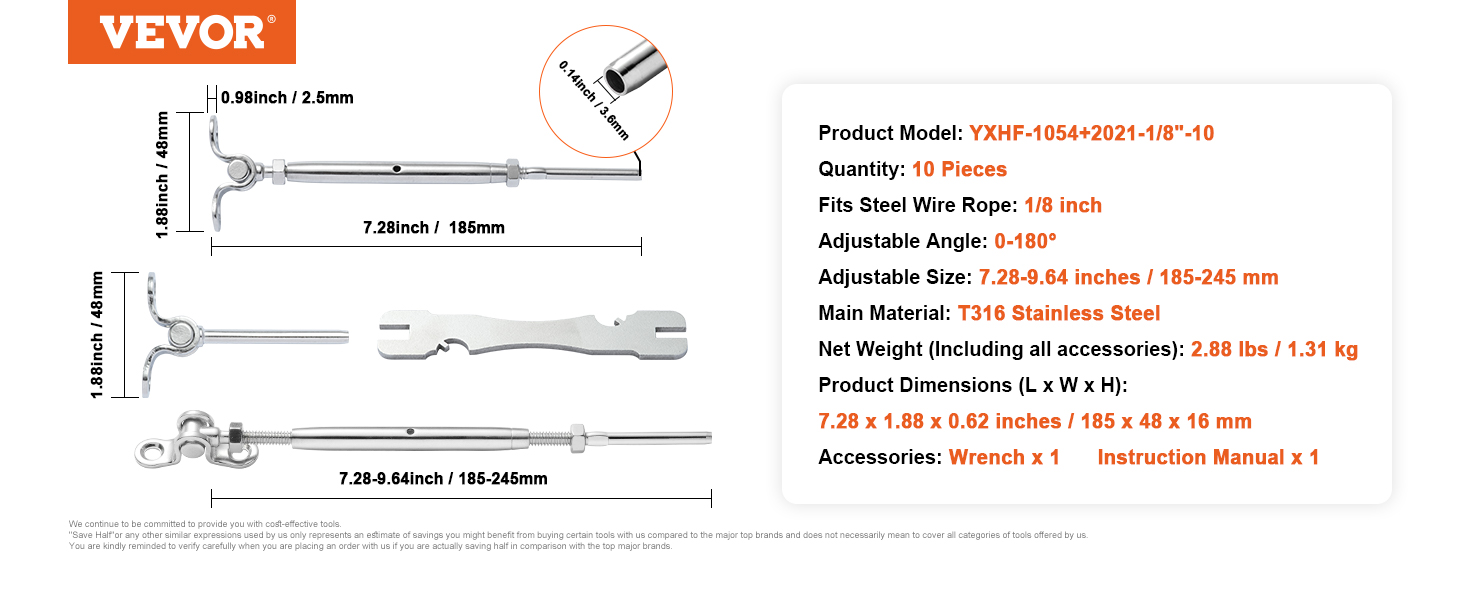 VEVOR stainless steel cable railing kit, t316 stainless steel, adjustable size 7.28-9.64 inches.